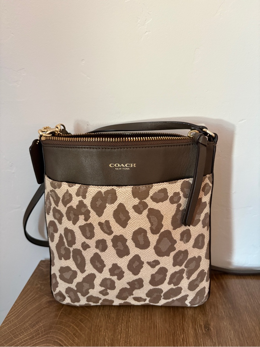 Coach Leopard Print Crossbody in Brown and Cream with Gold Hardware